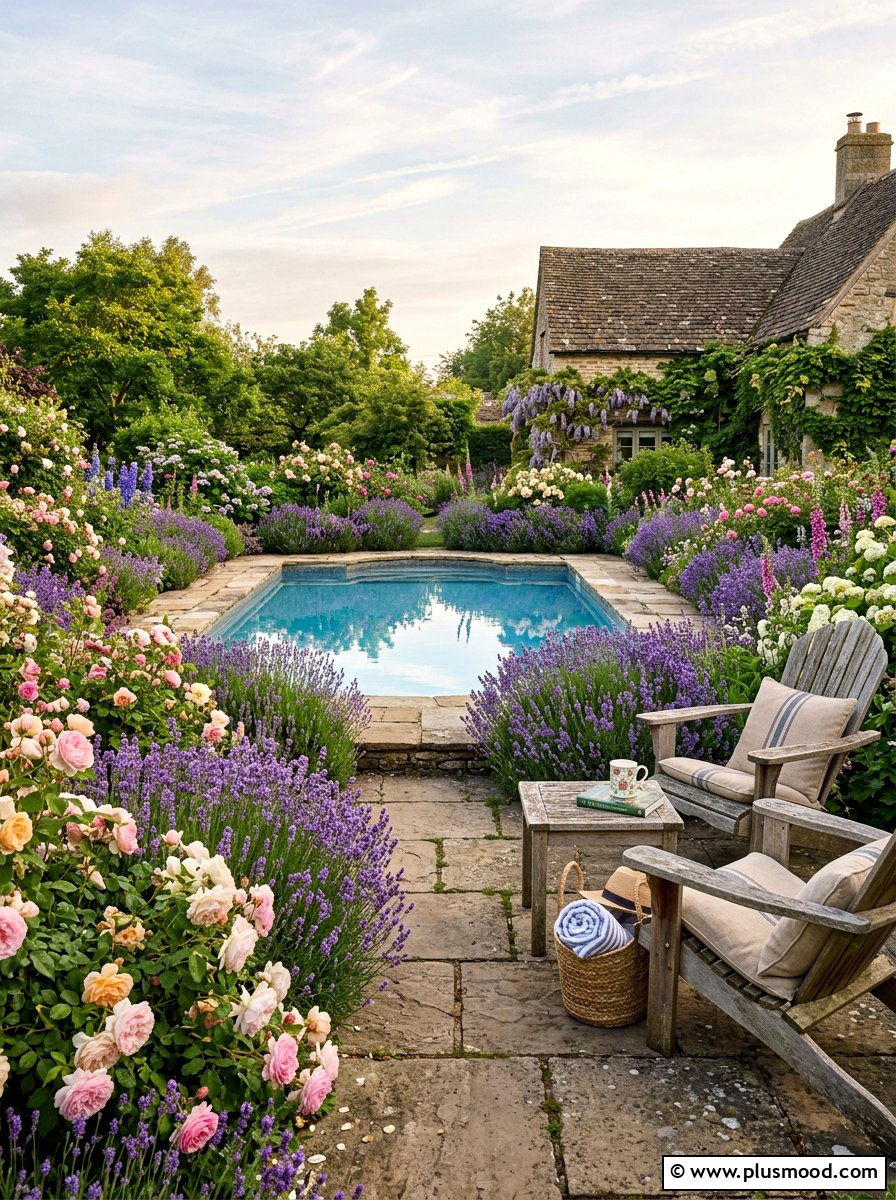 Cottage style pool with lavender - 25 pool landscaping ideas with lavender