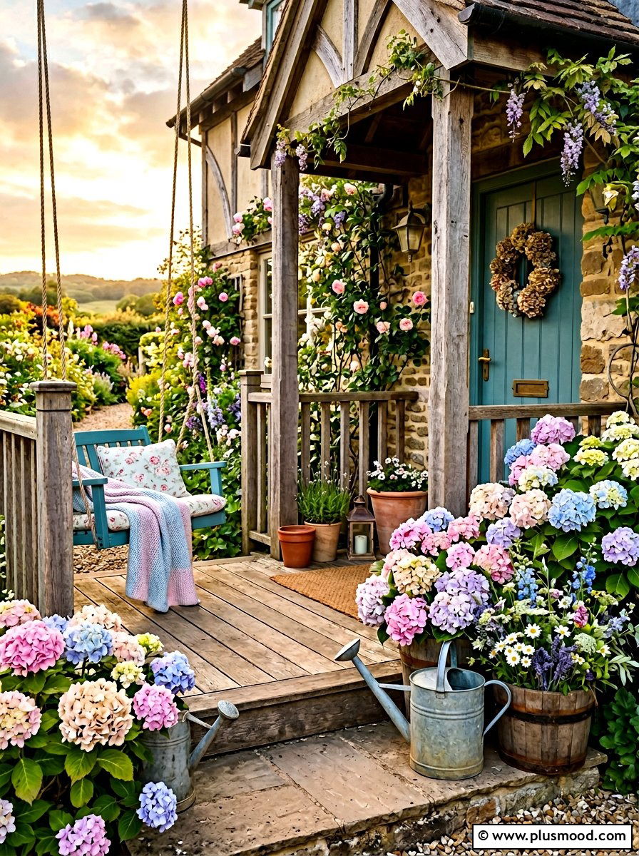 Cottage style porch with hydrangeas - 25 summer front porch decor ideas with hydrangeas