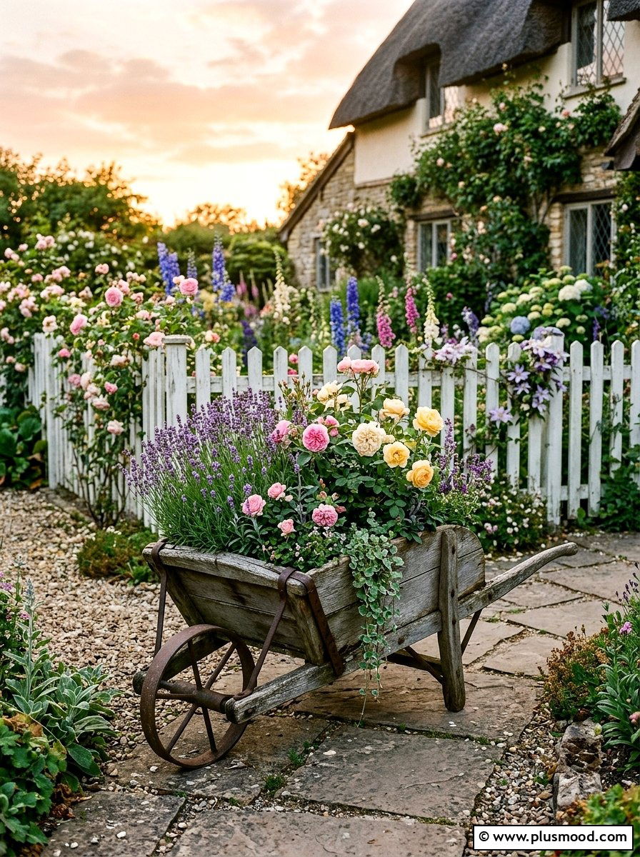 Cottage style wheelbarrow planter - 25 outdoor garden decor ideas with wheelbarrow planter