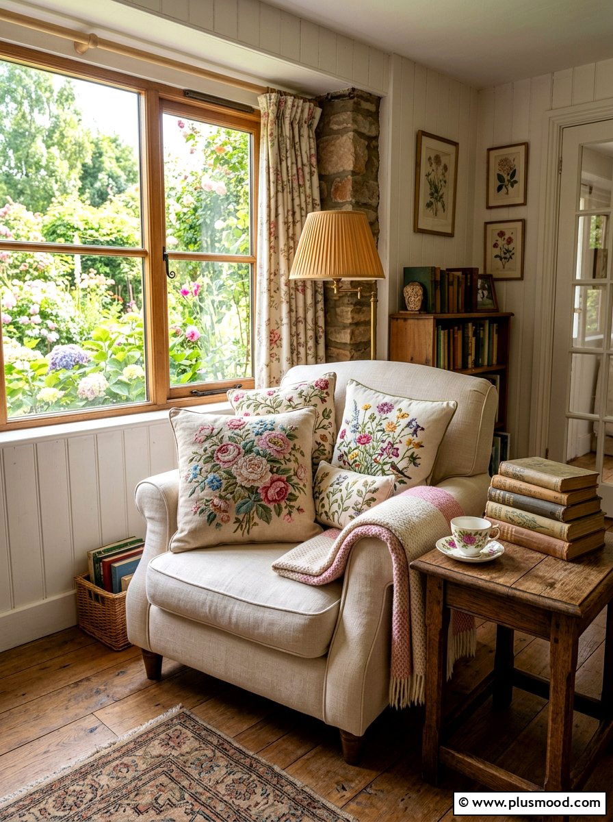 Cottagecore embroidered throw pillows - 25 summer fresh cottagecore decor ideas