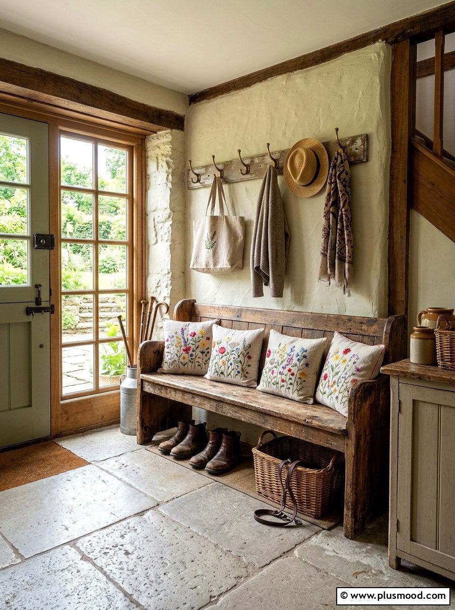 Cottagecore rustic wooden bench - 25 summer fresh cottagecore decor ideas