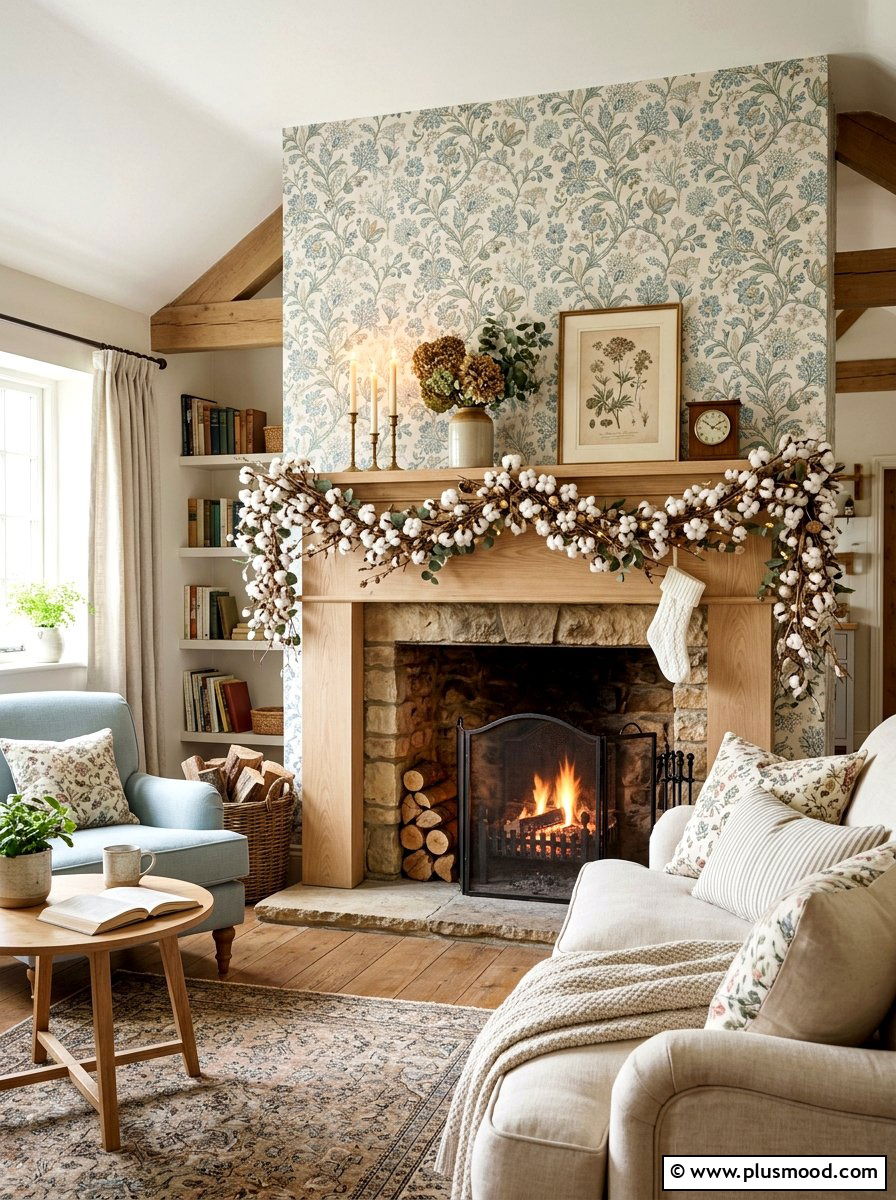 Cotton Boll Garland Mantel - 25 summer to fall mantel ideas