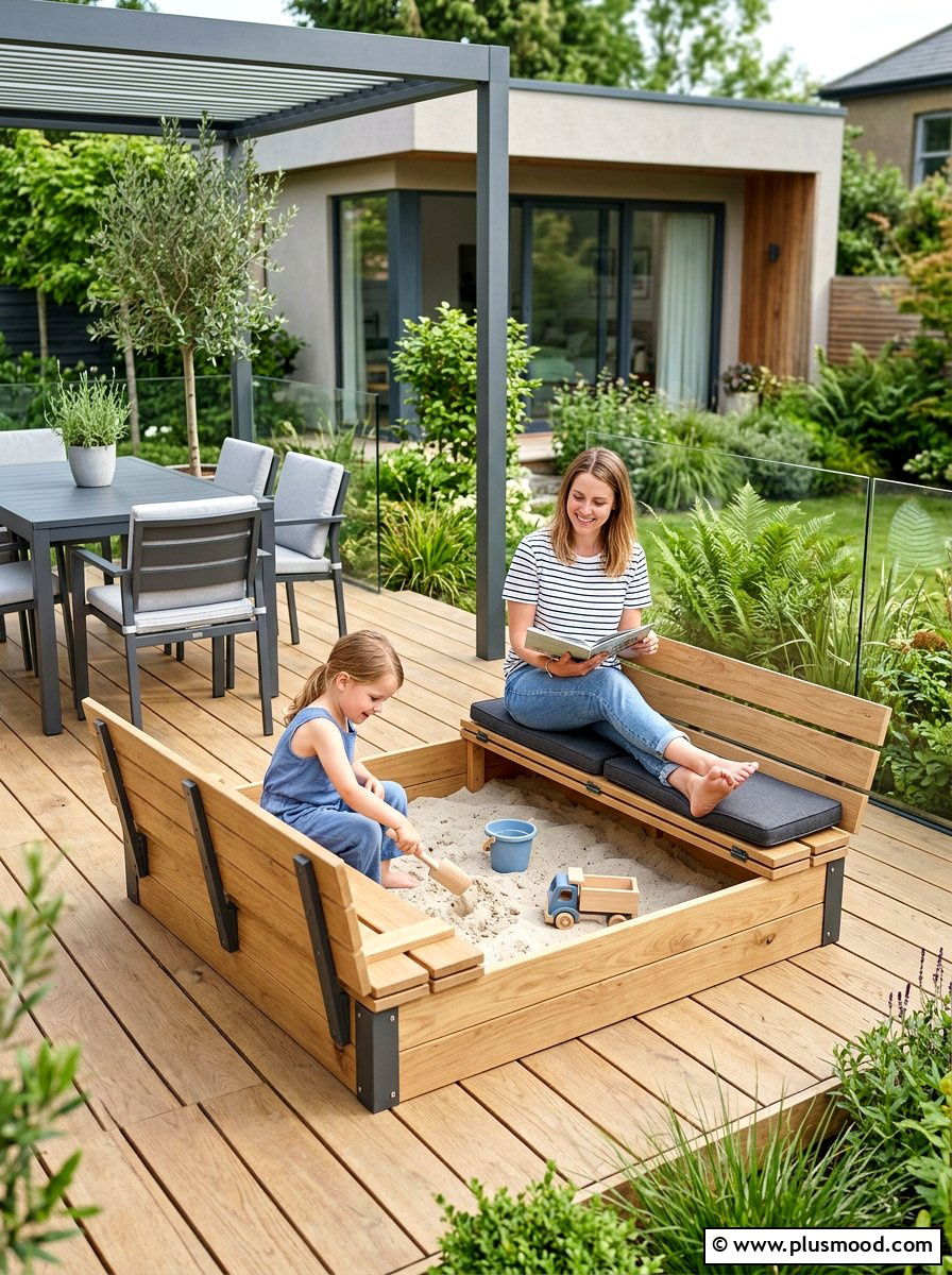 Covered Sandbox Bench - 25 small backyard ideas with sandbox