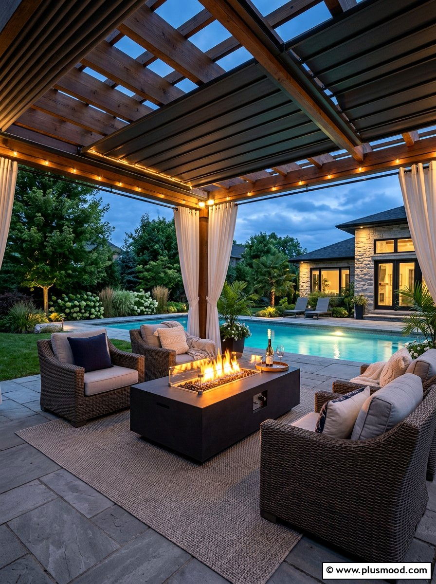 Covered pool patio fire pit - 25 pool landscaping ideas with fire feature