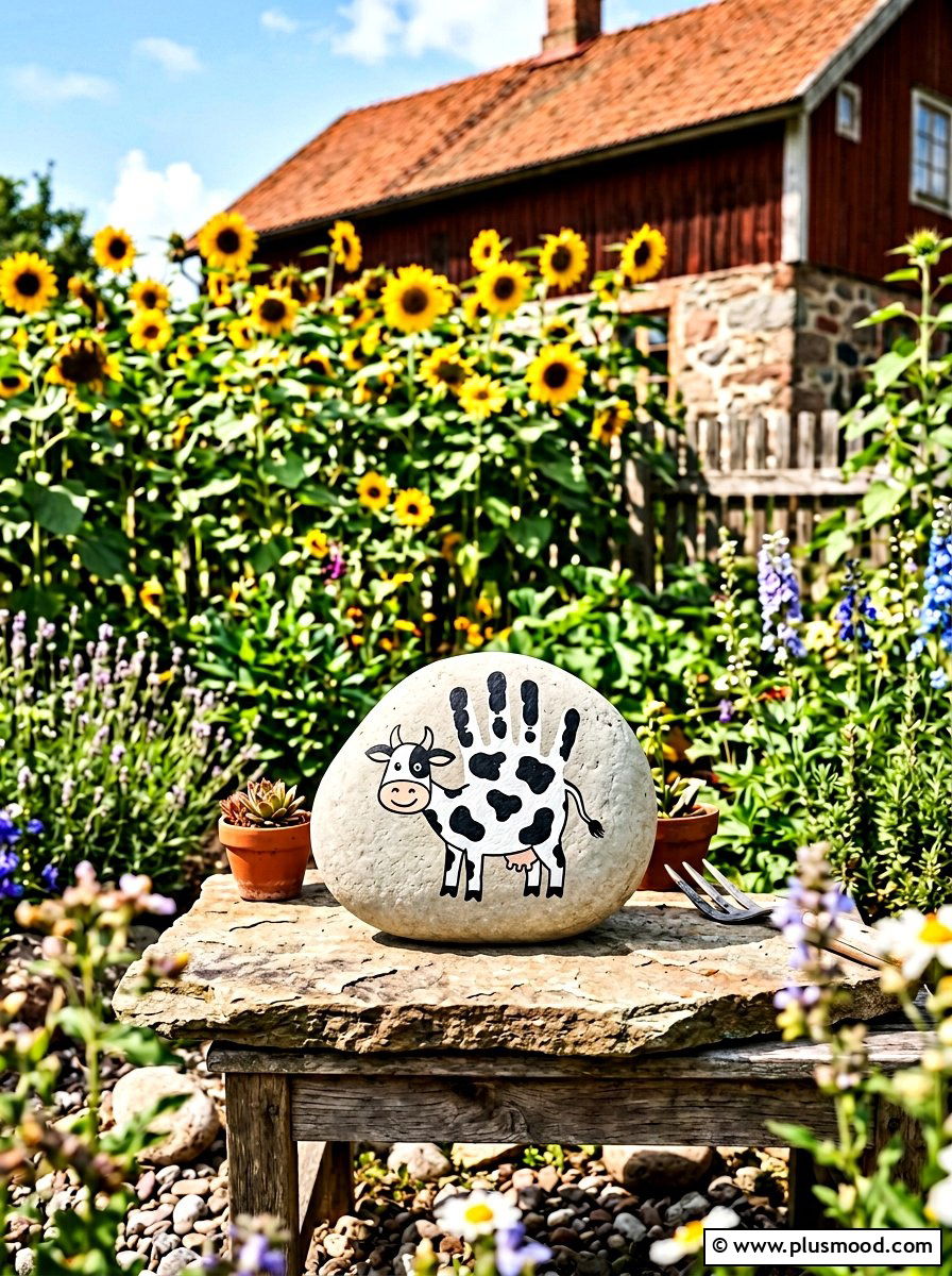 Cow Handprint Painting - 25 painted rock ideas with handprint art