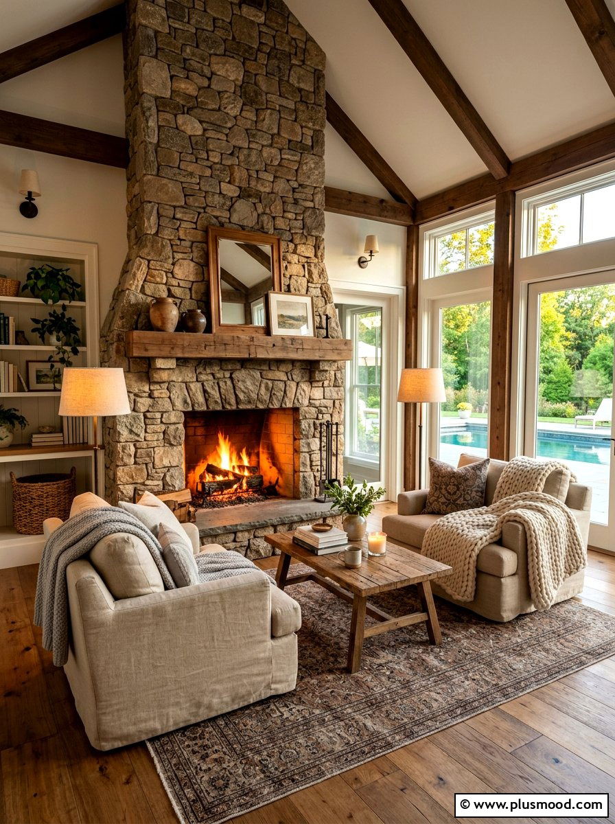 Cozy Fireplace Pool House Living Space - 25 summer pool house decor ideas