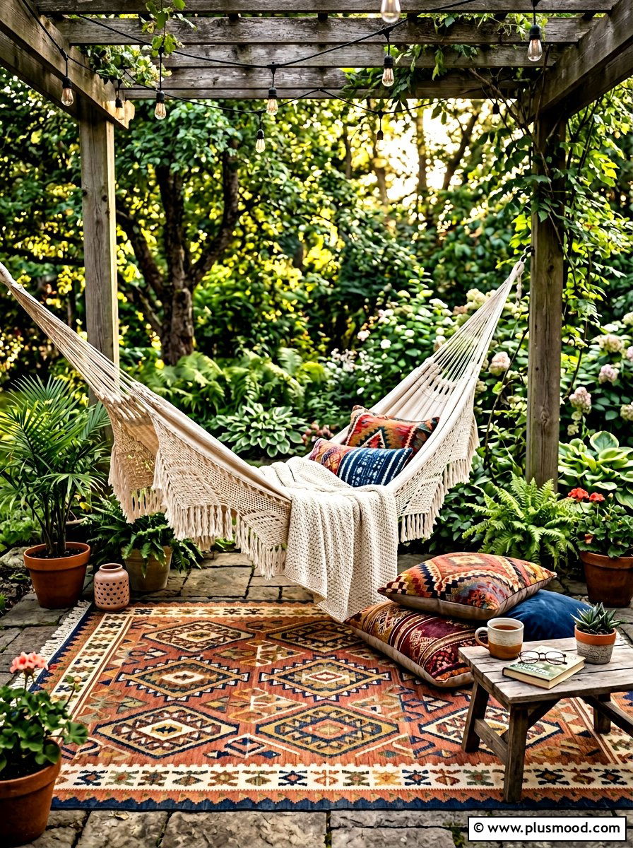 Cozy Hammock Nook With Outdoor Rug - 25 small backyard ideas with hammock