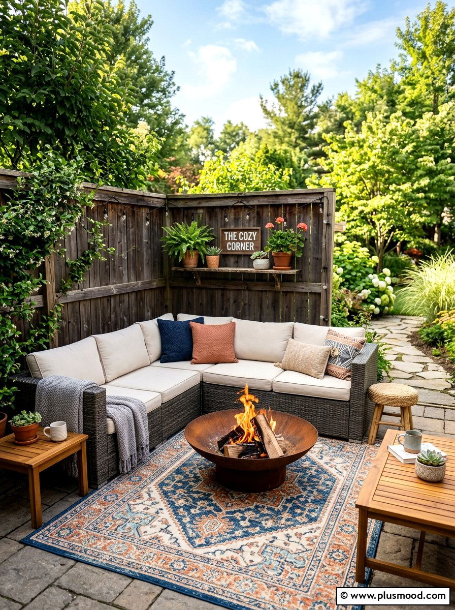 Cozy Nook Fire Bowl Corner - 25 small backyard ideas with fire bowl