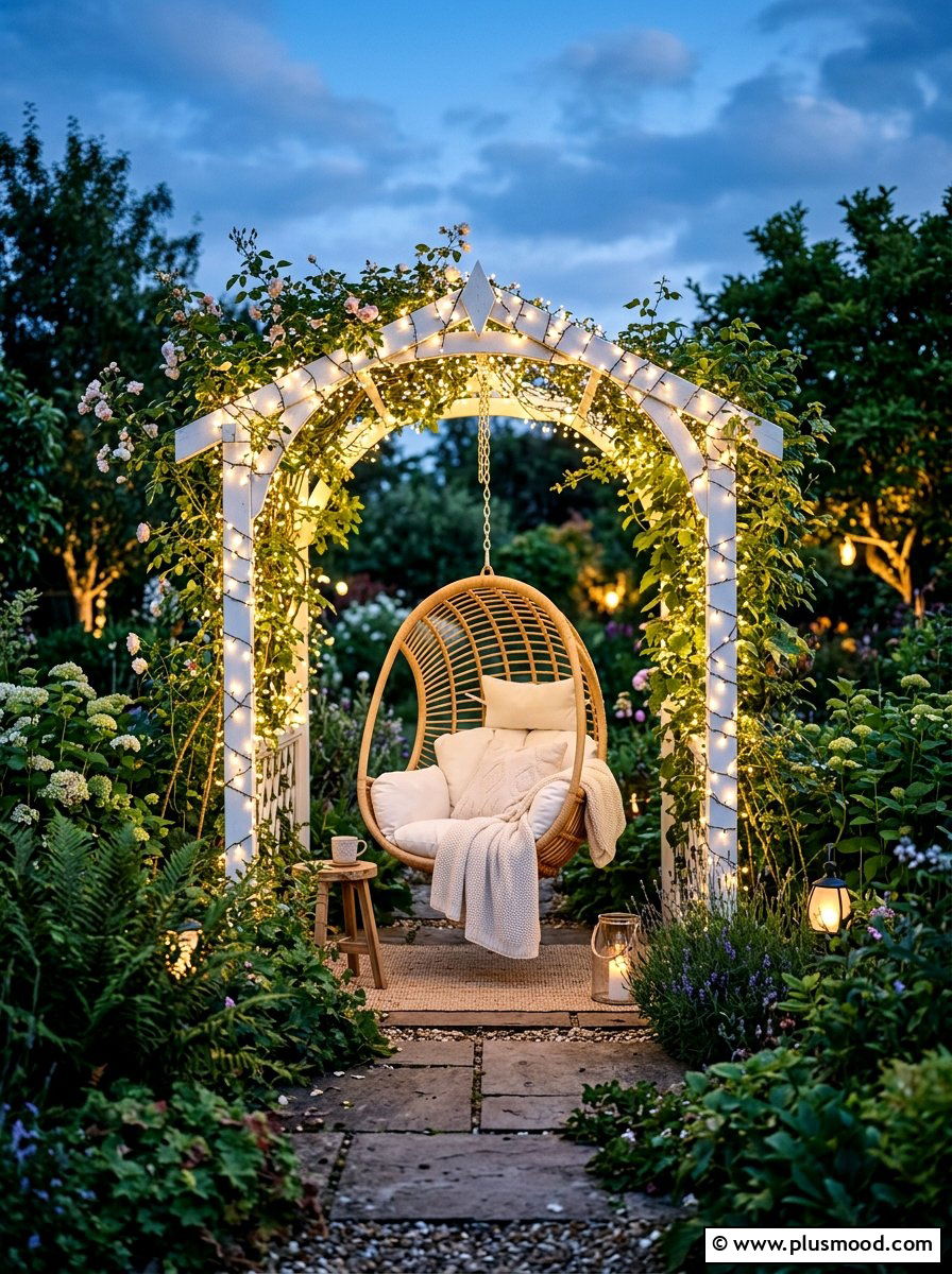 Cozy Outdoor Nook Fairy Lights - 25 small backyard ideas with pergola lights