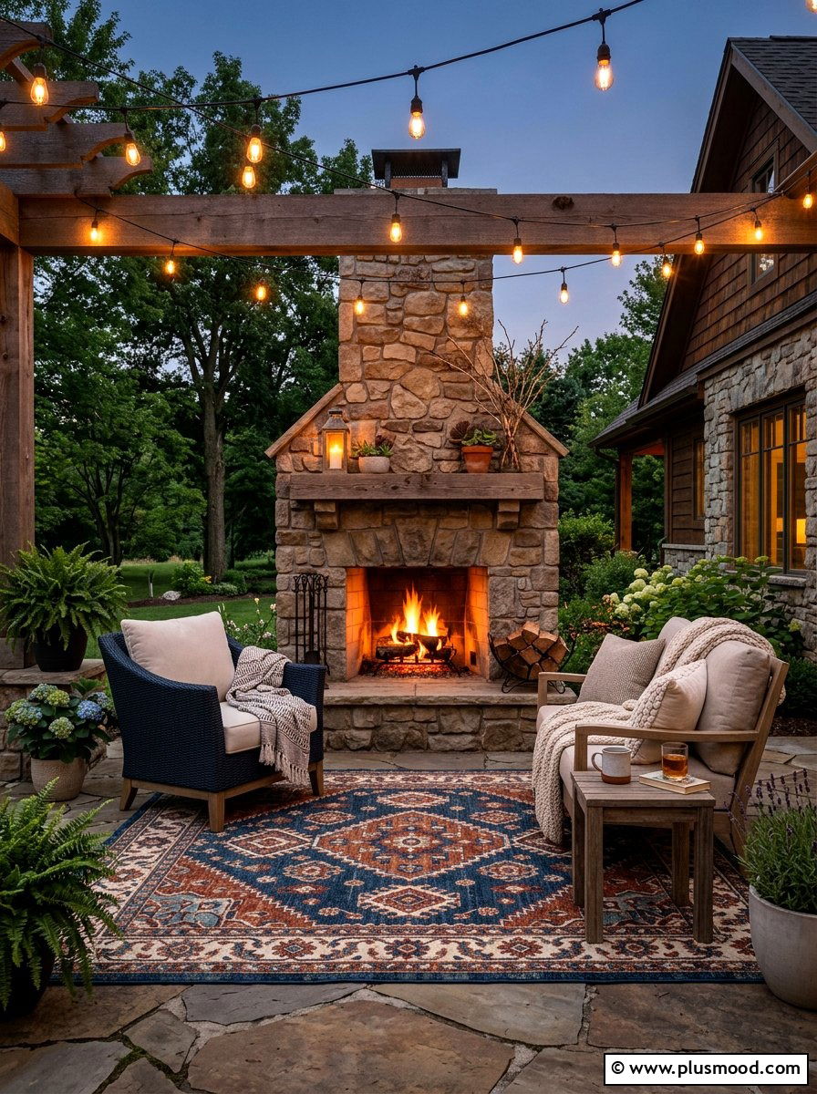 Cozy backyard fireplace with outdoor rug - 25 small backyard ideas with outdoor fireplace