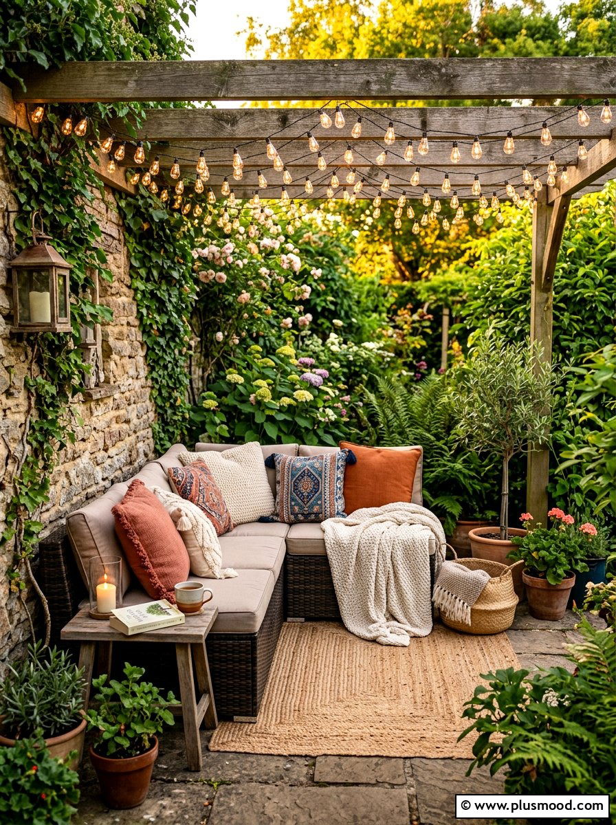 Cozy patio corner - 25 summer patio ideas with string lights