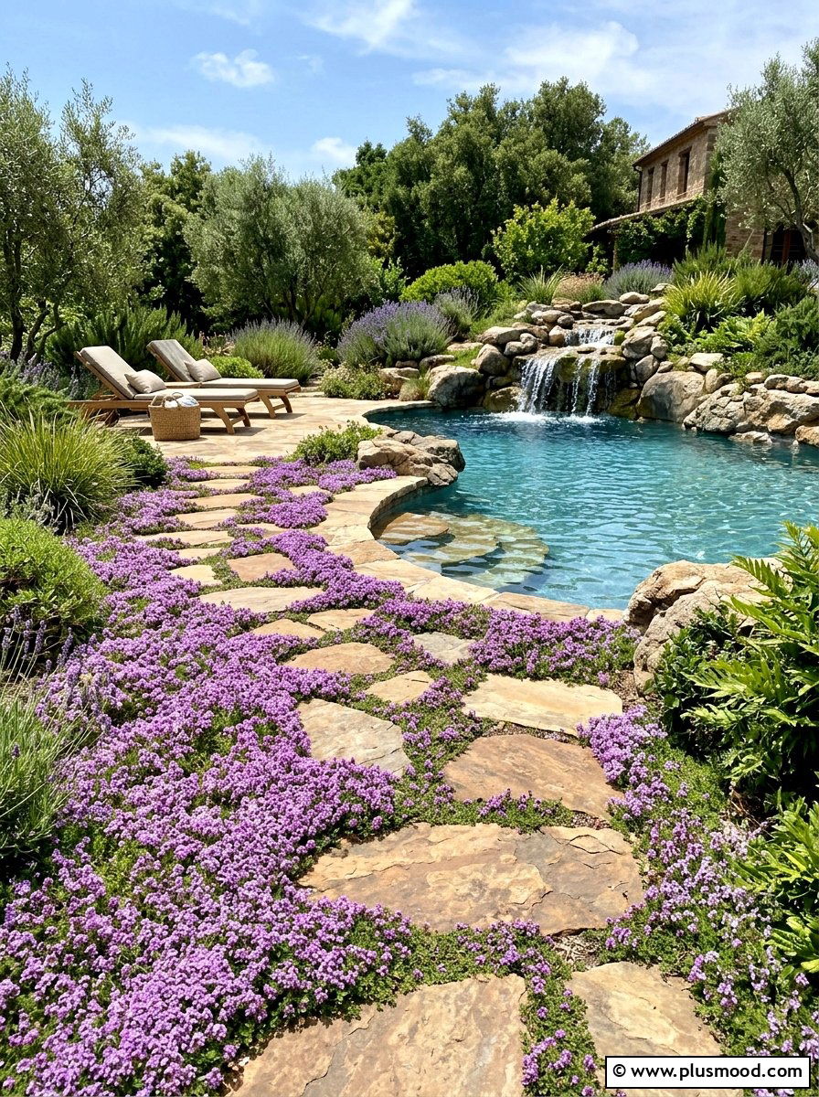 Creeping Thyme Pool Deck - 25 pool landscaping ideas with herbs