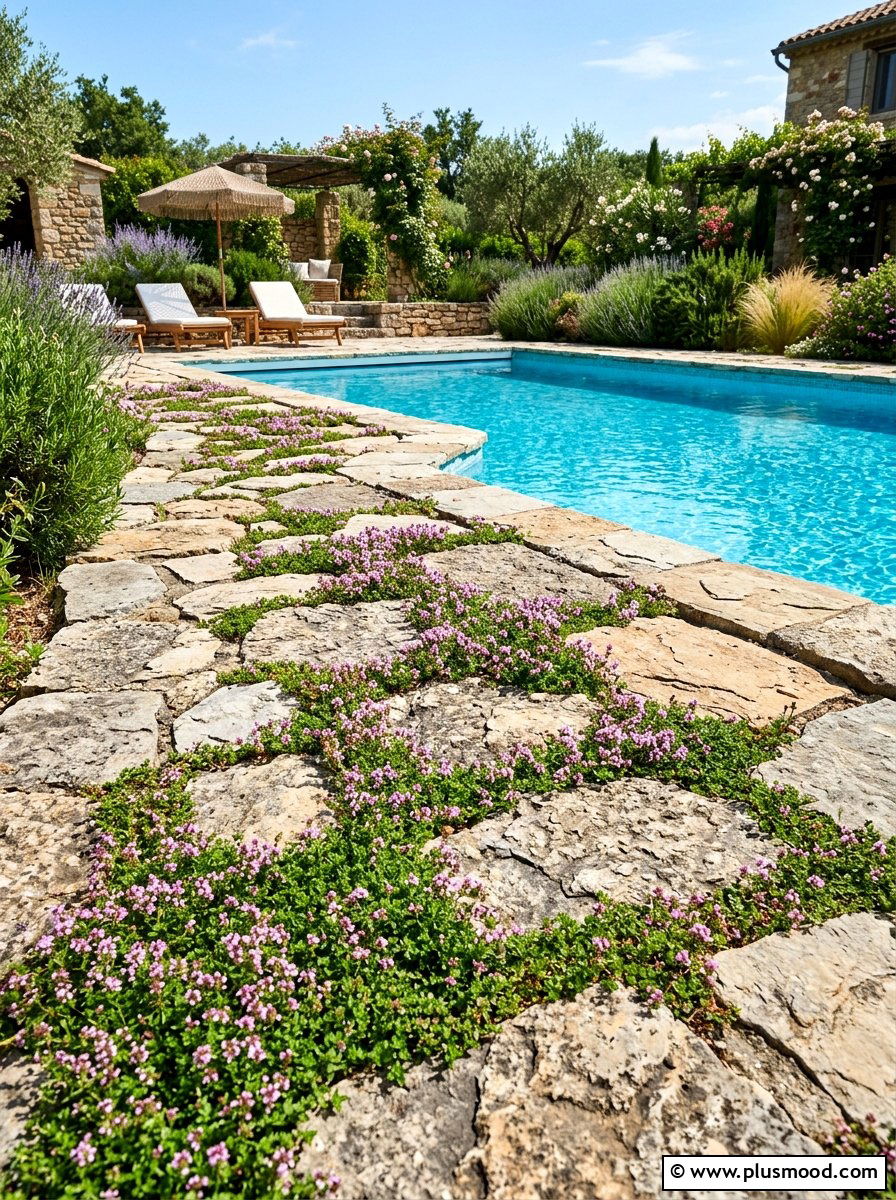 Creeping thyme pool paver infill - 25 pool landscaping ideas with native plants