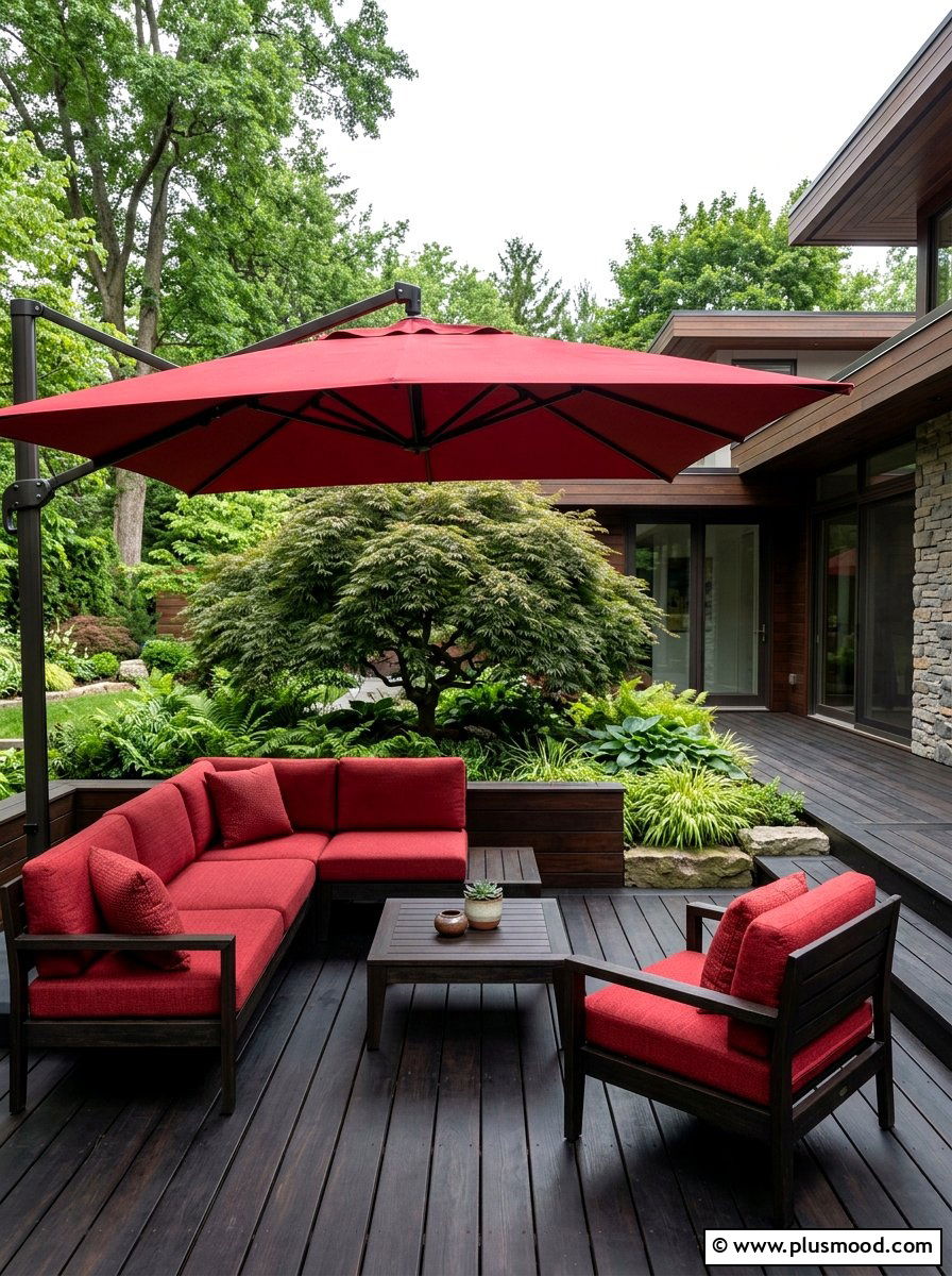 Crimson And Dark Wood Accent Space - 25 small backyard ideas with color scheme