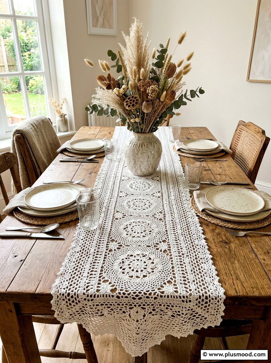 Crochet Table Runner - 25 late summer boho decor ideas