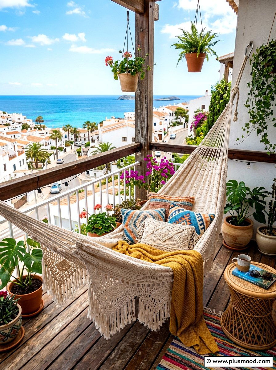 Crochet balcony hammock - 25 summer boho balcony ideas