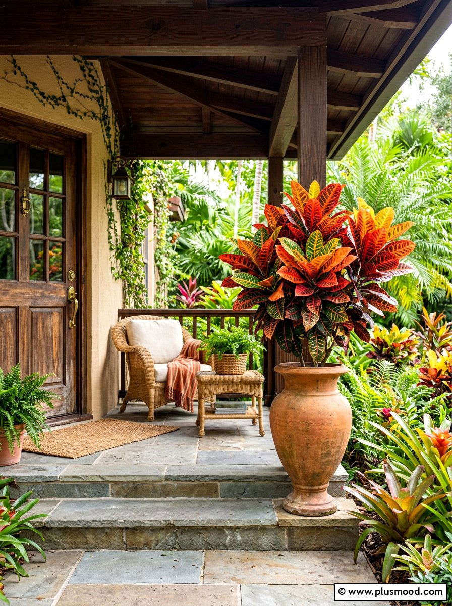 Croton plant display - 25 summer to fall front porch planter ideas