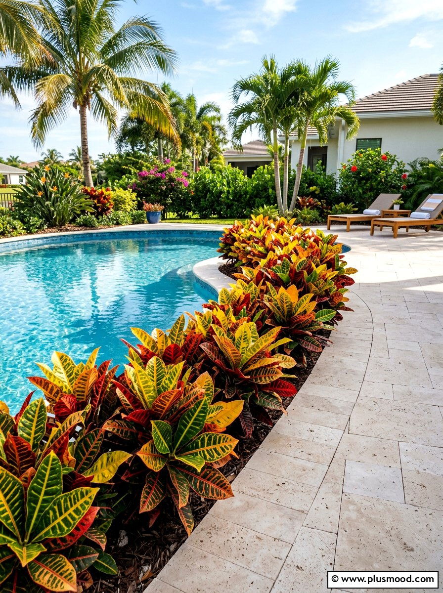 Croton pool border planting - 25 pool landscaping ideas with tropical plants