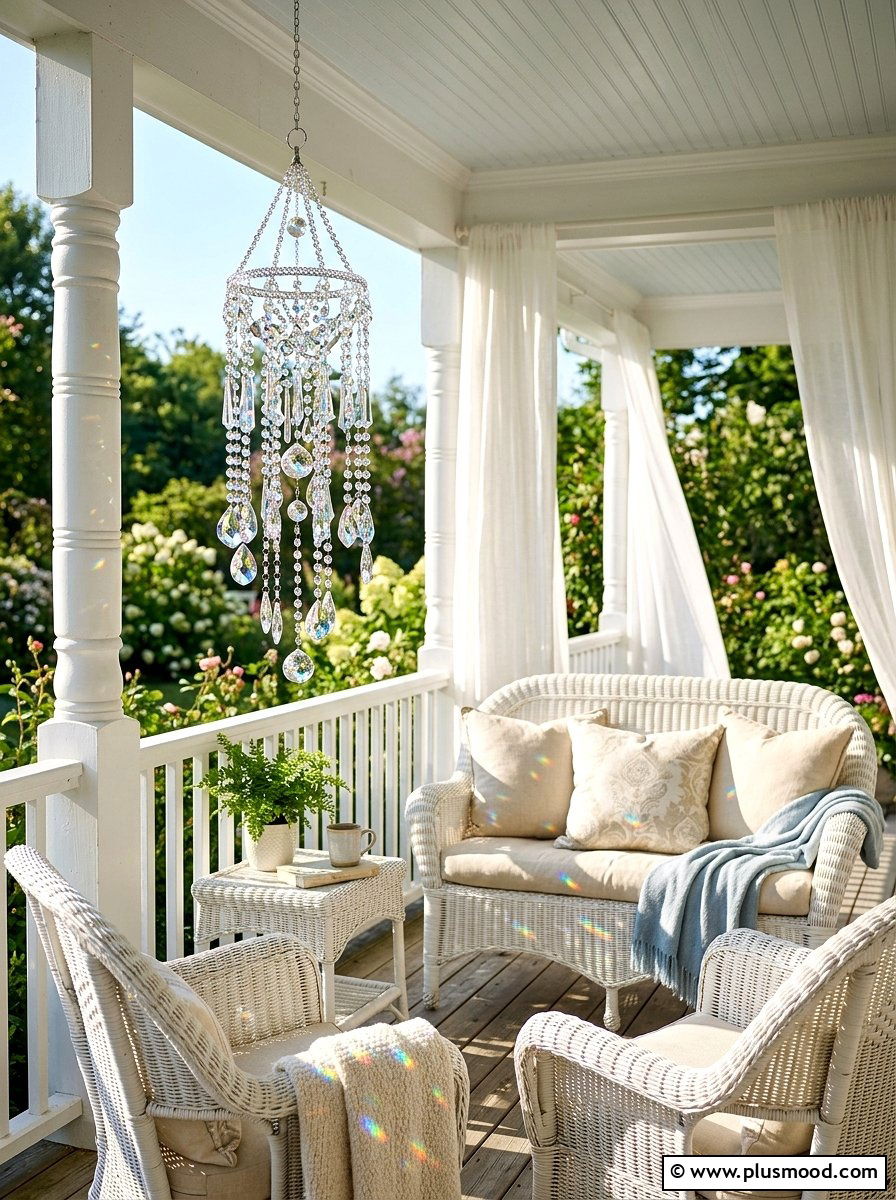 Crystal prism sunlit porch - 25 outdoor garden decor ideas with wind chimes