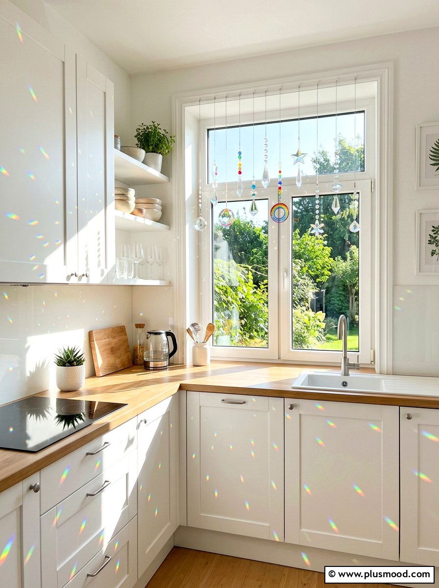 Crystal suncatcher display - 25 summer kitchen window decor ideas