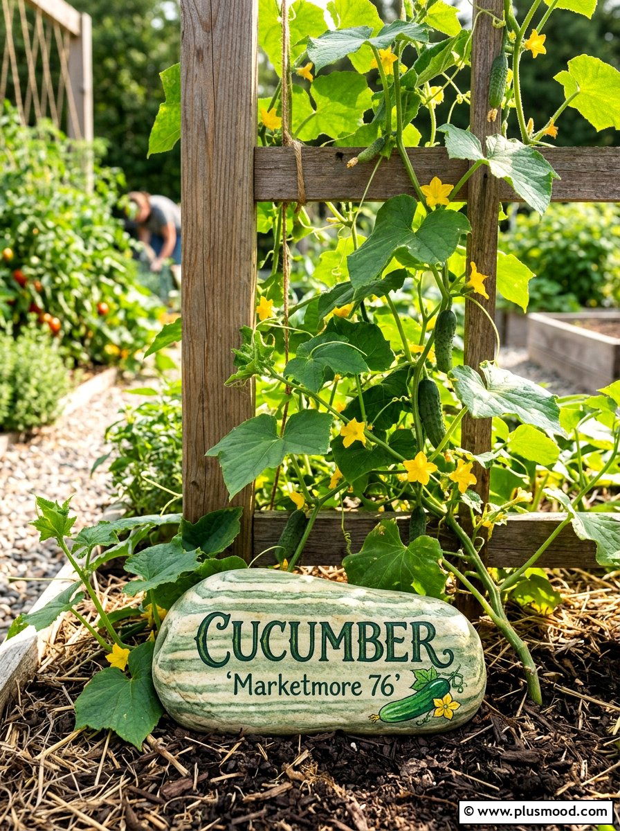 Cucumber Garden Marker - 25 painted rock ideas for plant markers