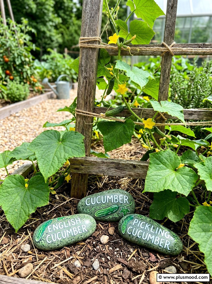 Cucumber garden markers - 25 painted rock ideas with vegetable garden labels