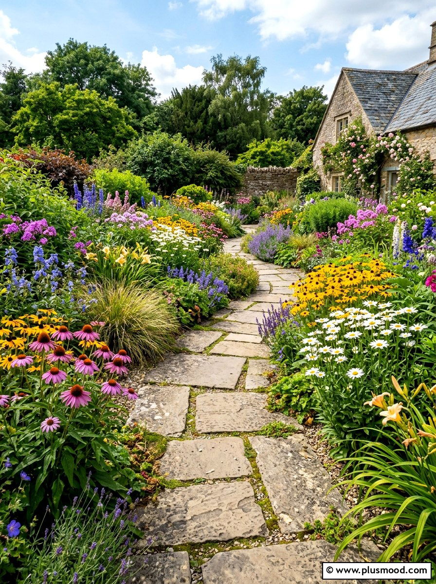 Curved Flagstone Path Through Flowers - 25 pool landscaping ideas with stone pathway