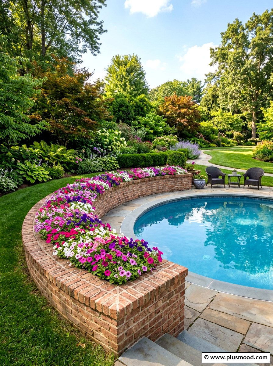 Curved Masonry Bed - 25 pool landscaping ideas with raised garden beds