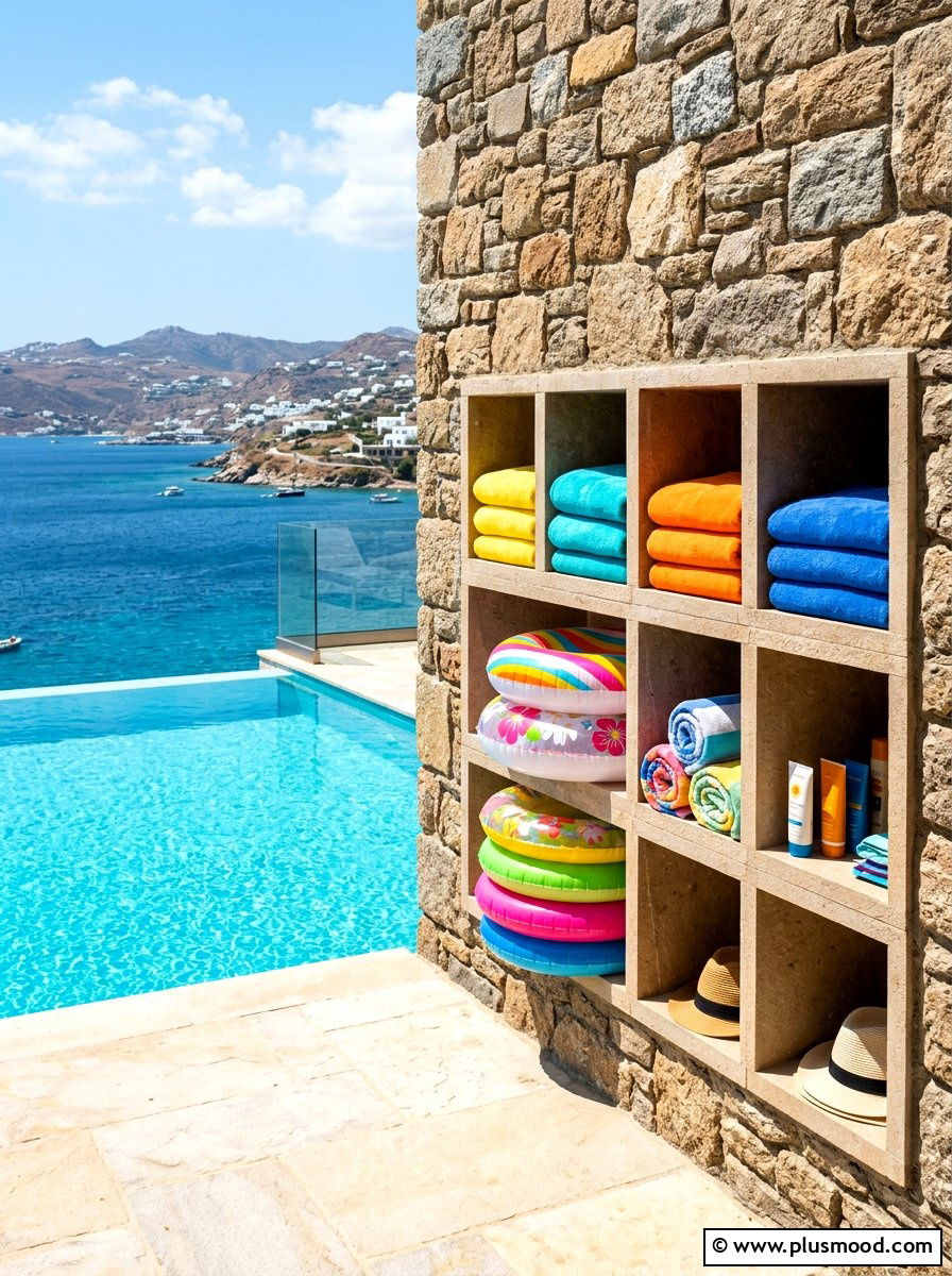 Custom Built In Cubbies - 25 summer pool float storage ideas