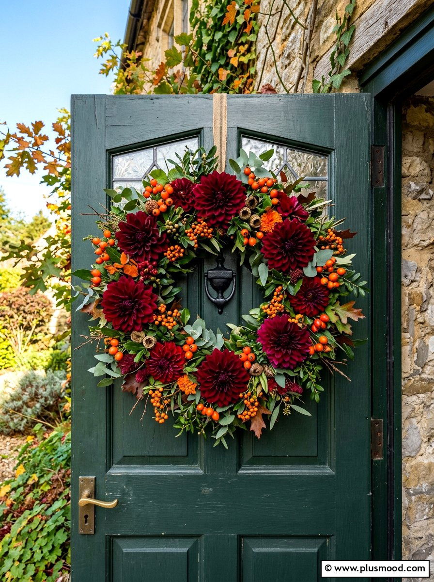 Dahlias And Berries Wreath - 25 summer to fall wreath ideas