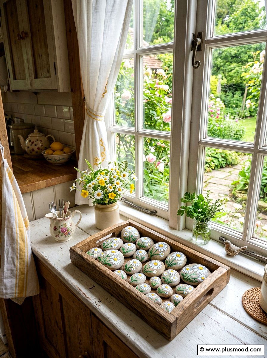 Daisy Flower Stones - 25 painted rock ideas for window sill display