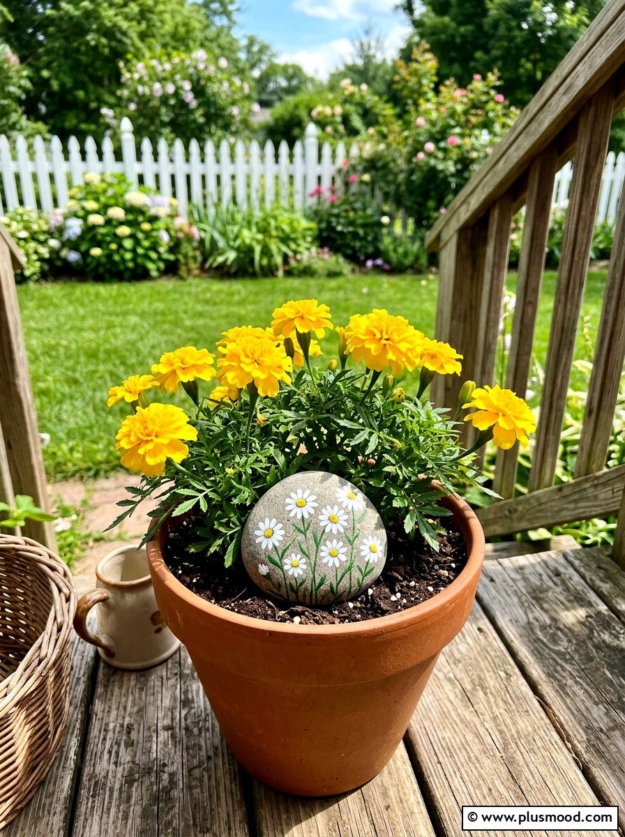 Daisy flower pattern garden pebble - 25 painted rock ideas for plant pot decoration