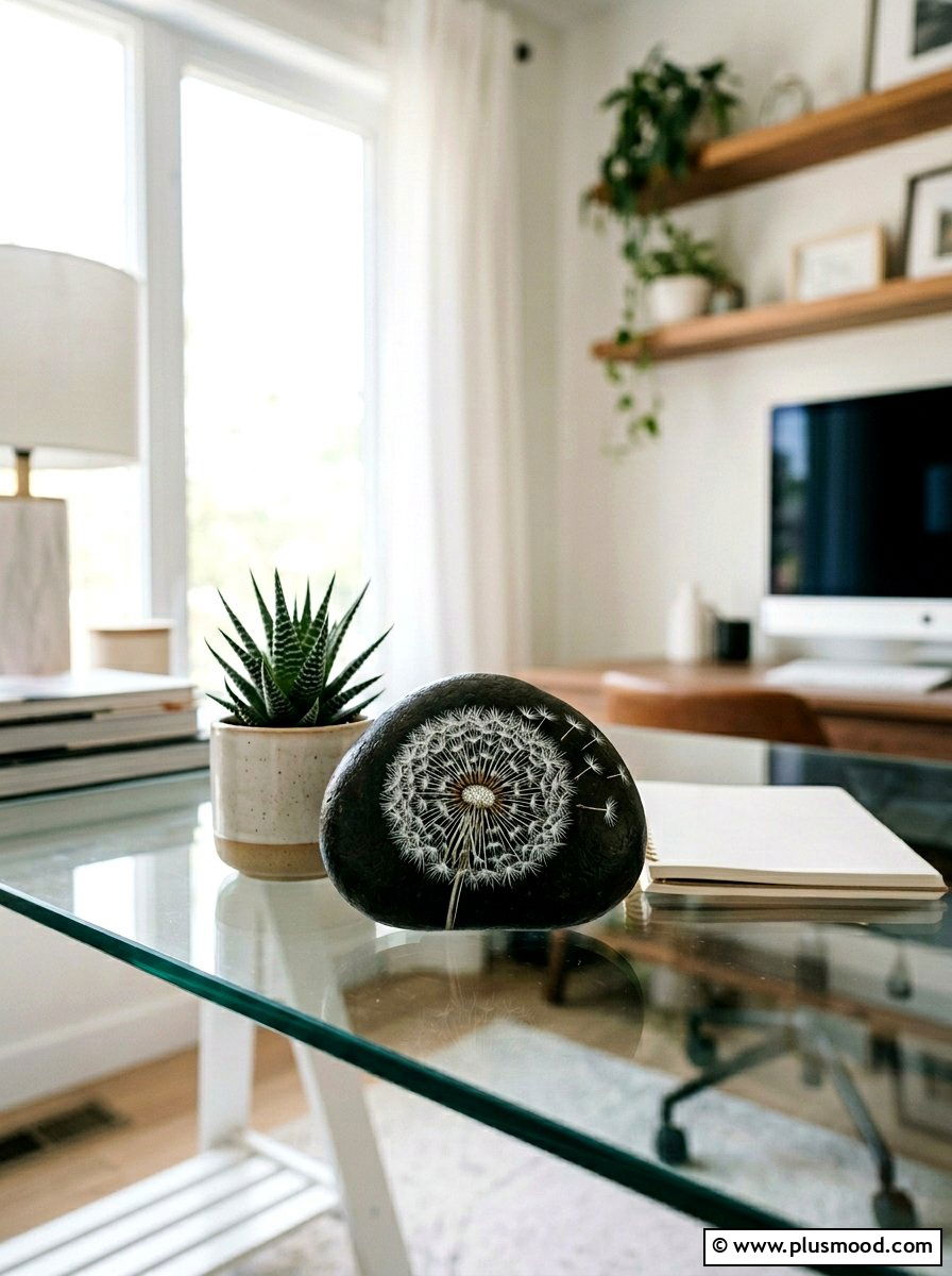 Dandelion Puff Painted Rock - 25 painted rock ideas with nature prints