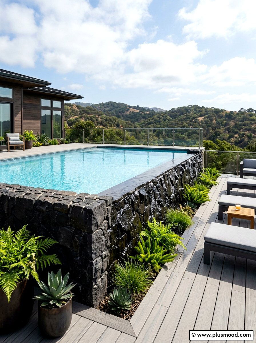 Dark Basalt Pool Wall - 25 pool landscaping ideas with retaining wall