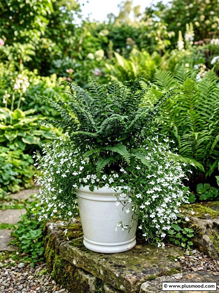 Dark Green Ferns with White Lobelia - 25 summer potted fern ideas for porch