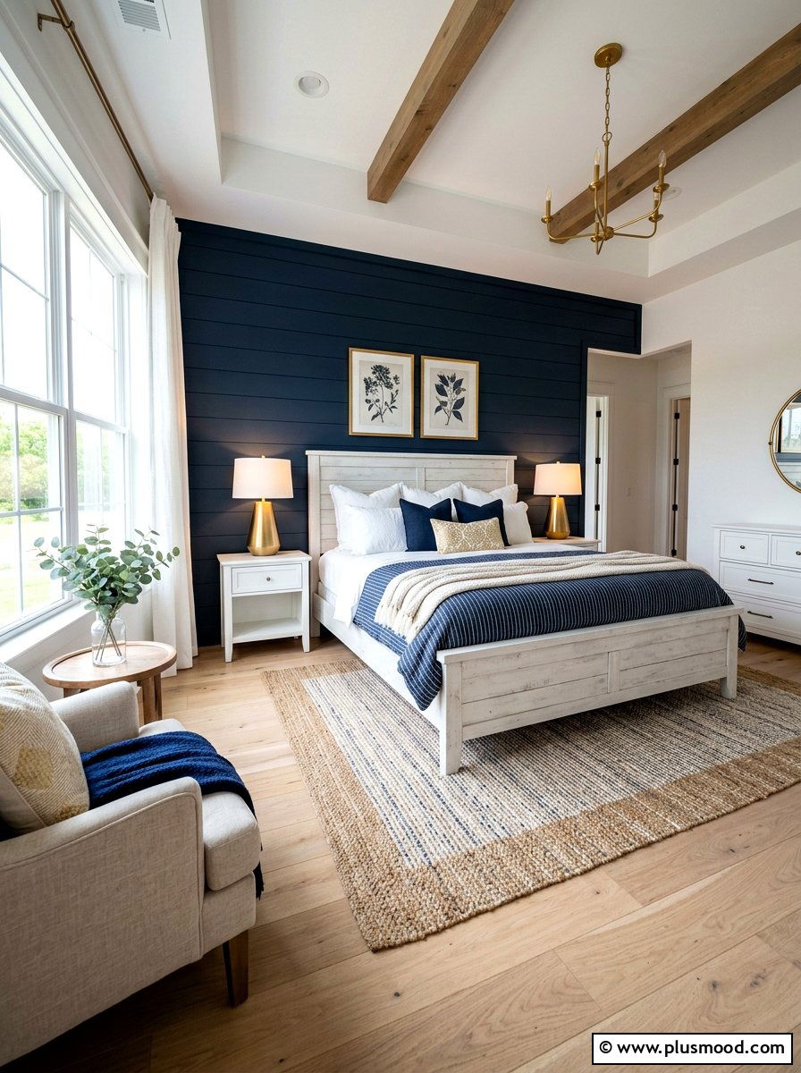 Dark Navy Accent Farmhouse Bedroom - 25 summer coastal farmhouse bedroom ideas
