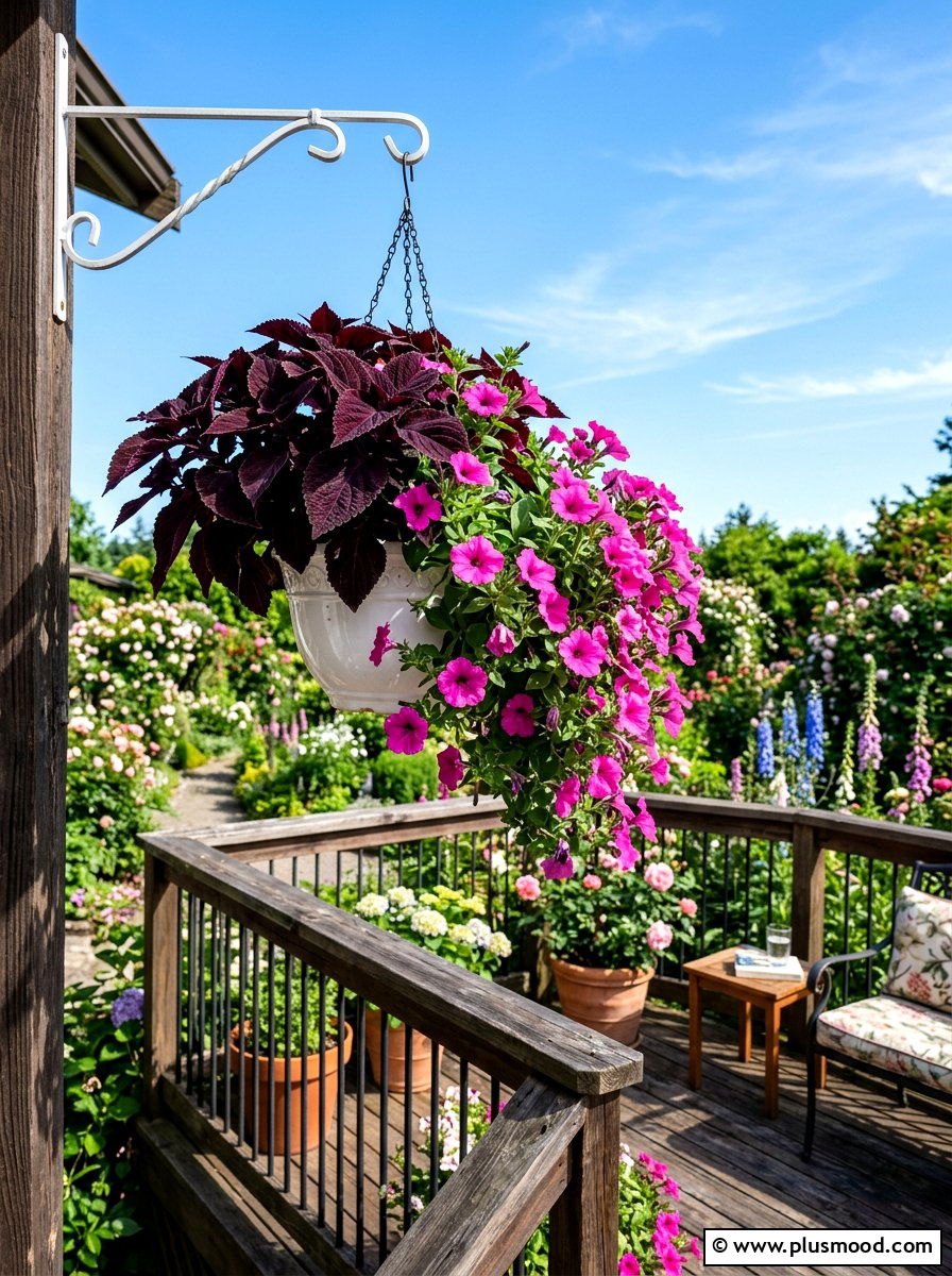 Dark Purple Coleus With Pink Petunias - 25 summer planters with coleus ideas