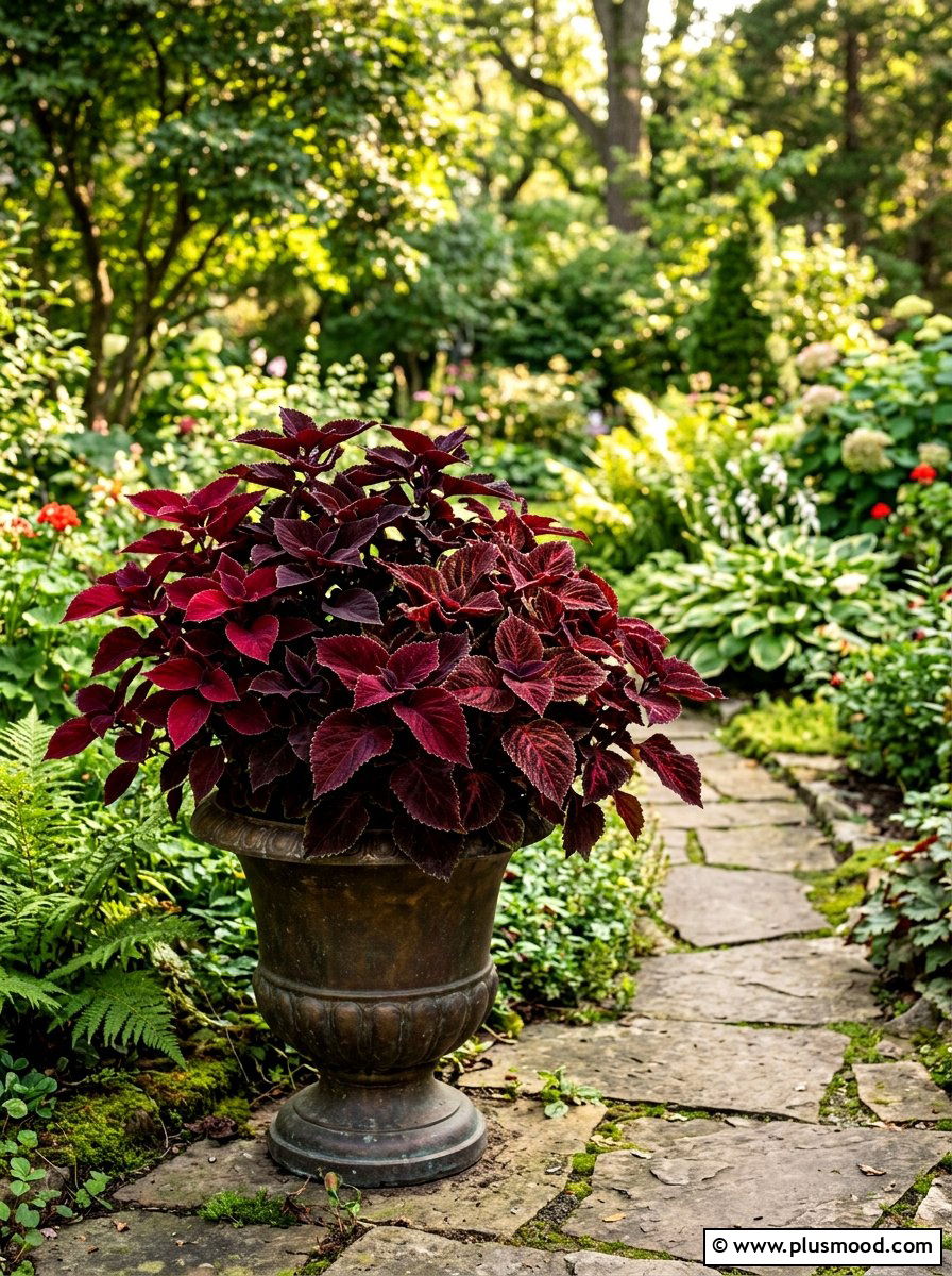 Dark burgundy coleus arrangement - 25 summer monochrome planter ideas