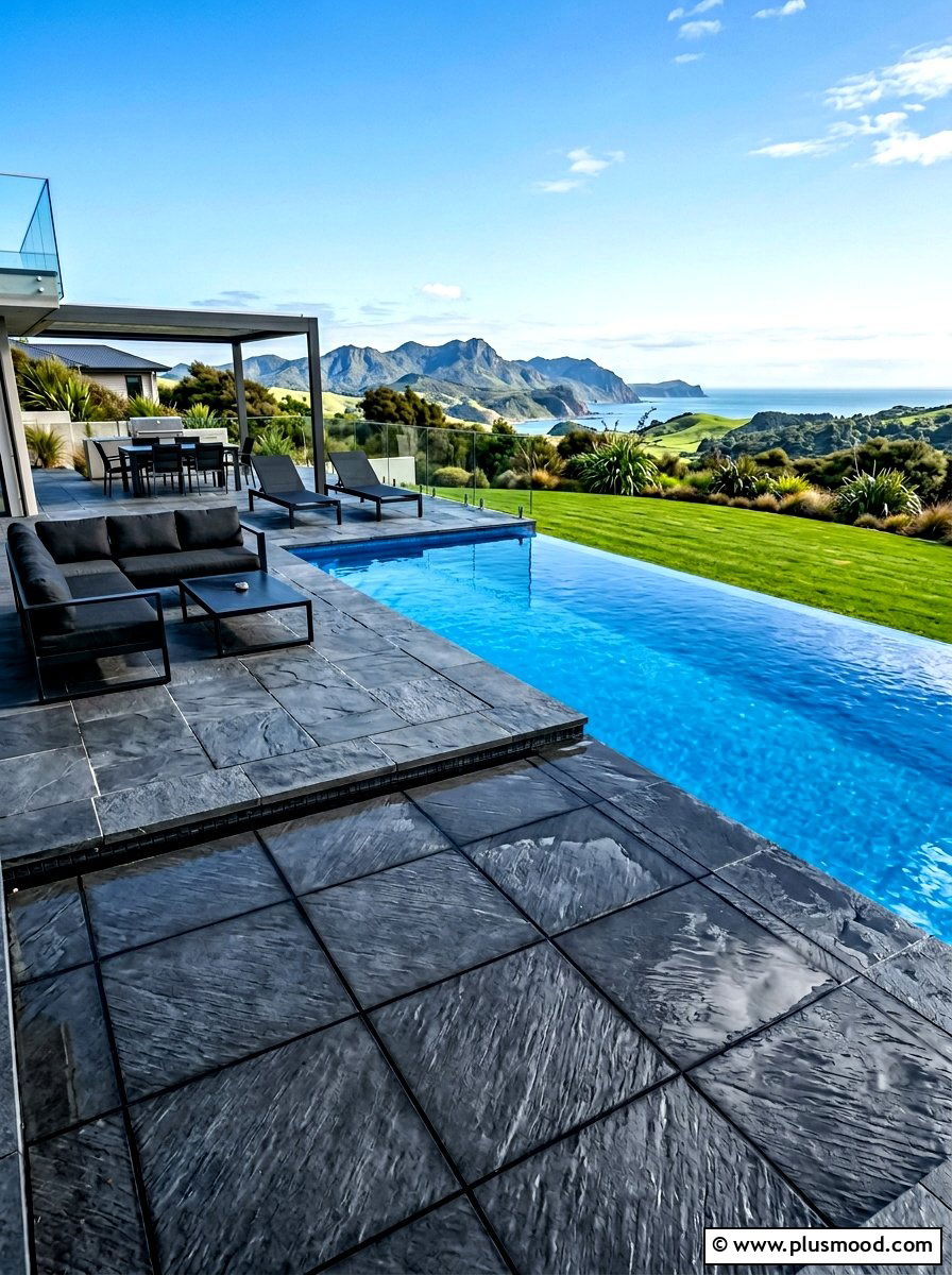 Dark gray pool tiles - 25 pool landscaping ideas with pavers