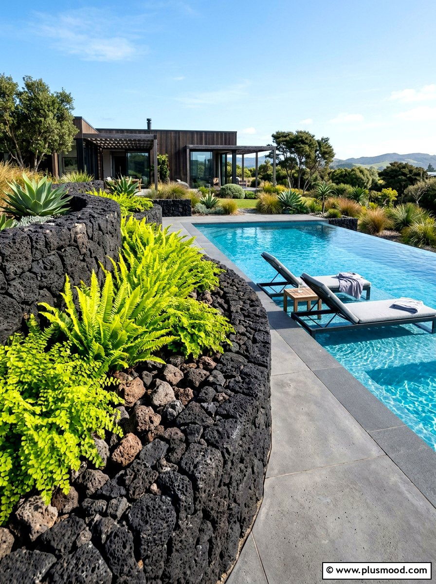 Dark lava rock planter - 25 pool landscaping ideas with curved planters