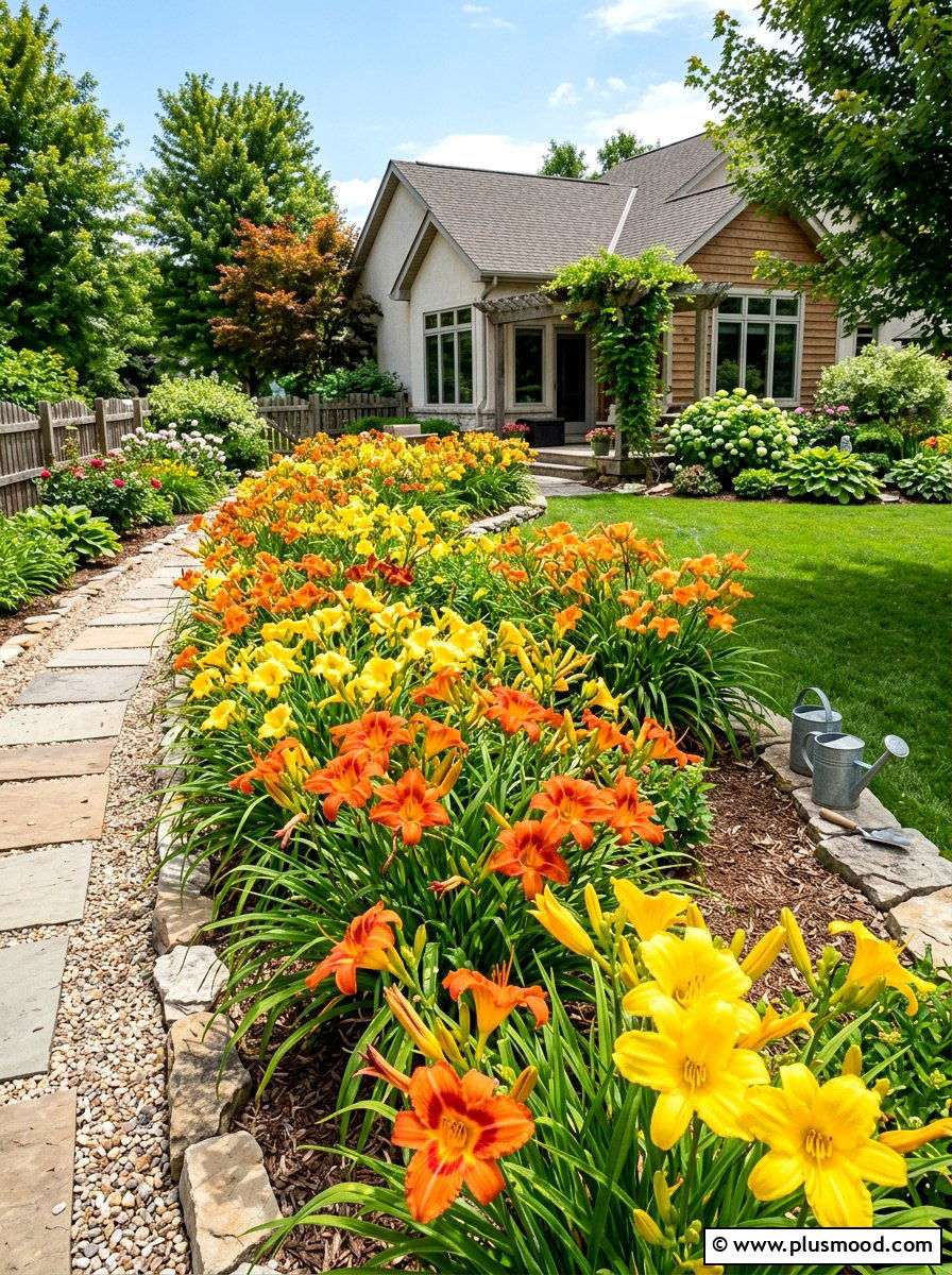 Daylily Flower Bed - 25 summer foundation planting ideas