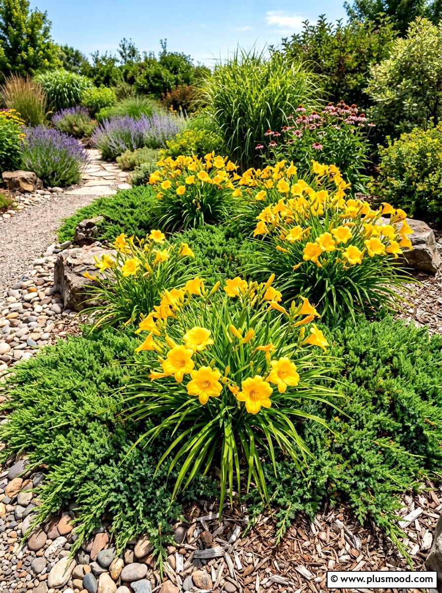 Daylily and juniper grouping - 25 summer evergreen and flower mix ideas