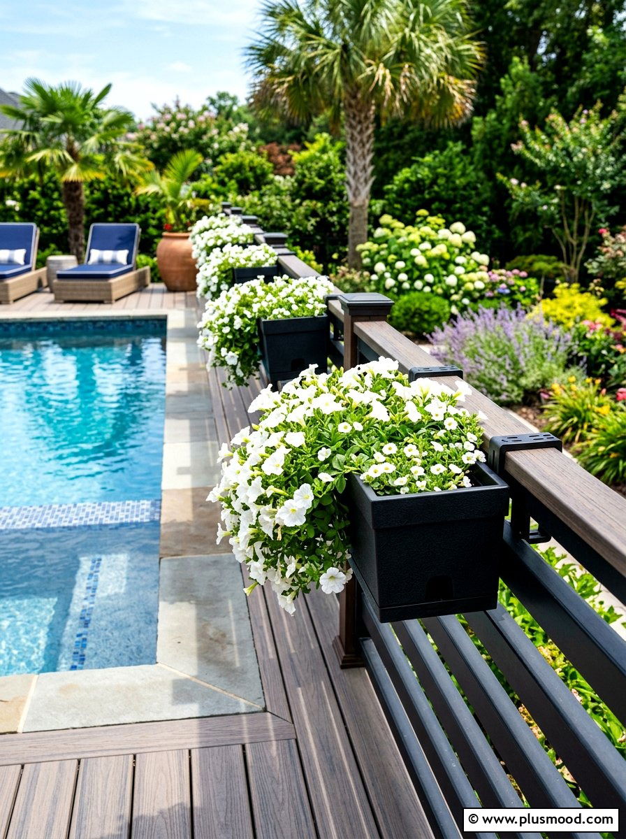 Deck box planters for pool railing - 25 summer pool fence decor ideas