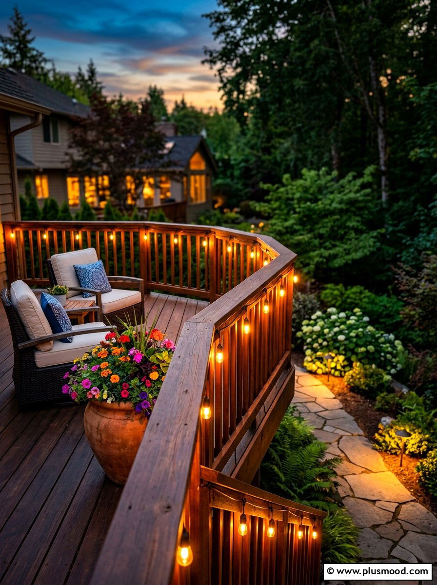 Deck railing lights - 25 summer patio ideas with string lights