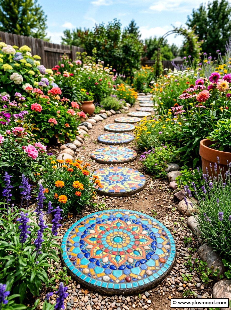 Decorative Mosaic Stepping Stones - 25 small backyard ideas with stepping stones