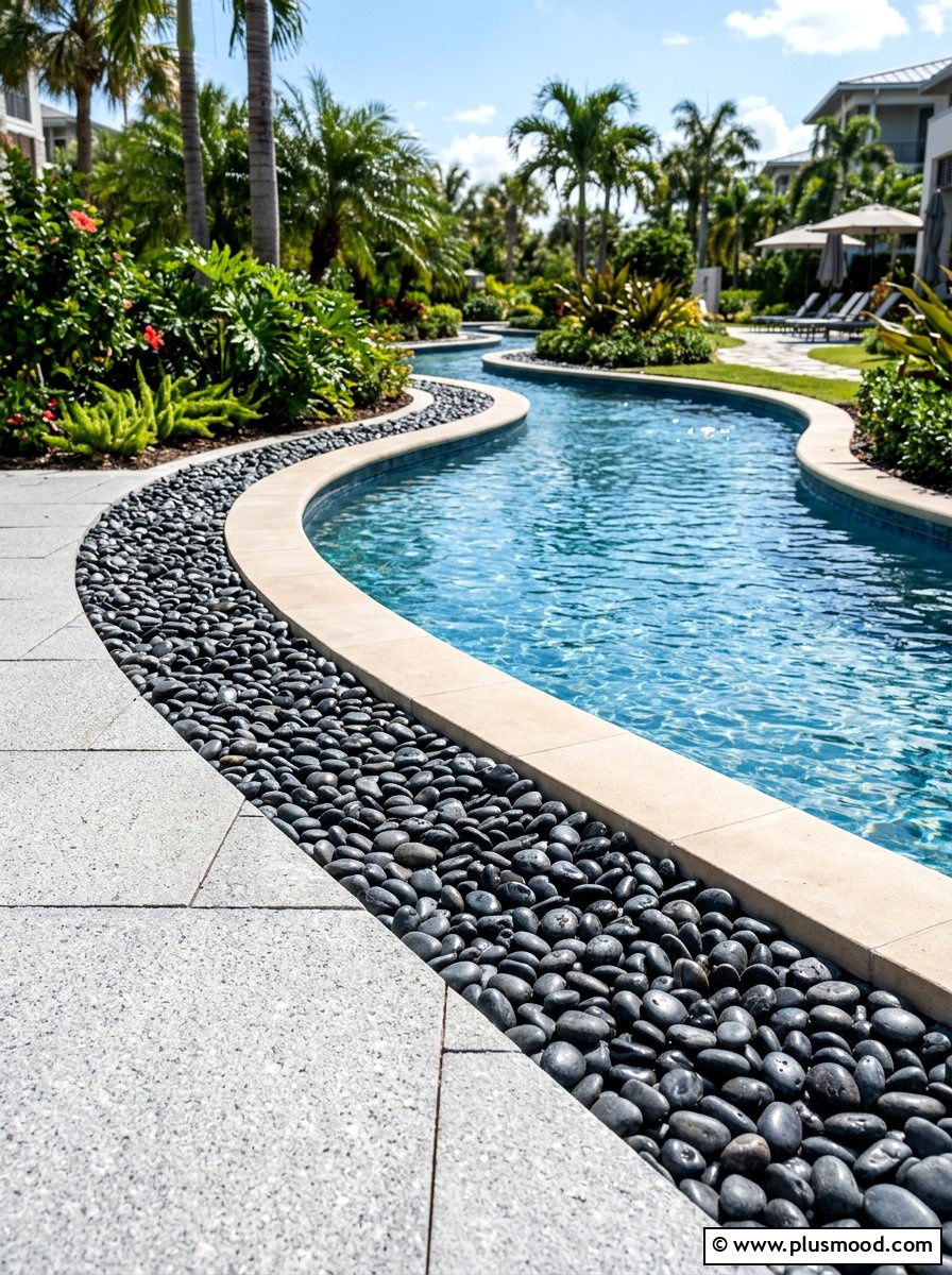 Decorative Pebble Edging - 25 pool landscaping ideas for lazy river pools
