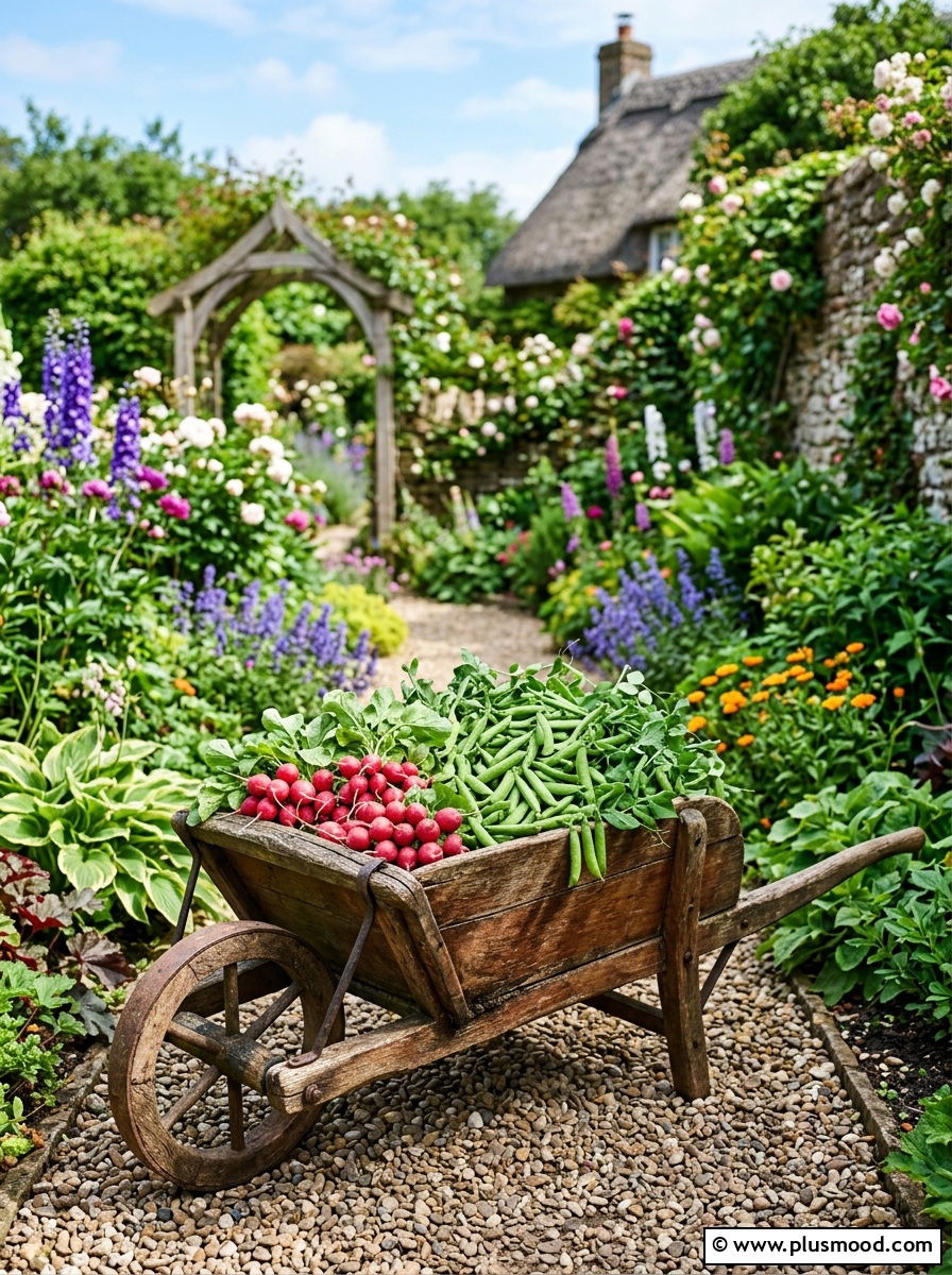 Decorative Wheelbarrow Vegetable Feature - 25 outdoor garden decor ideas with vegetable display