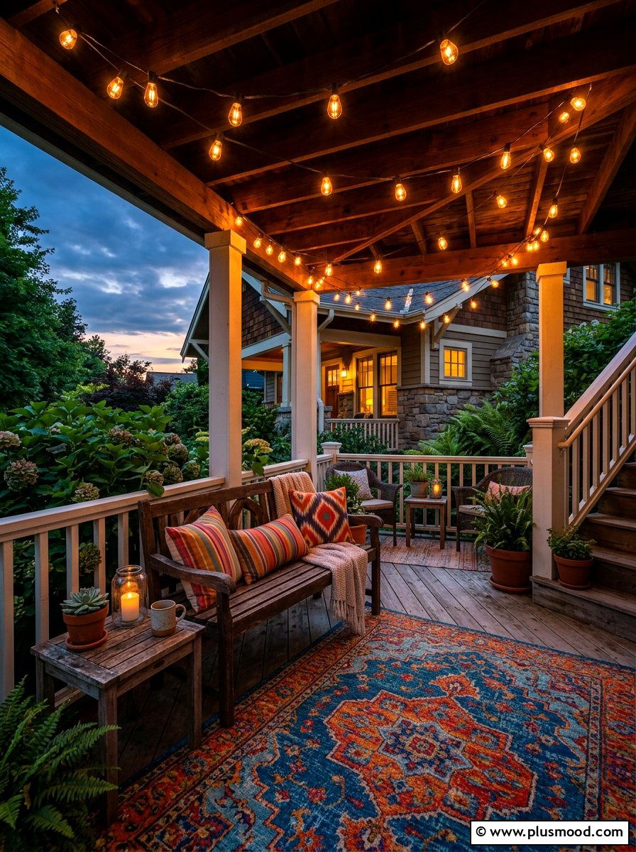 Decorative porch string lights - 25 summer small porch curb appeal ideas