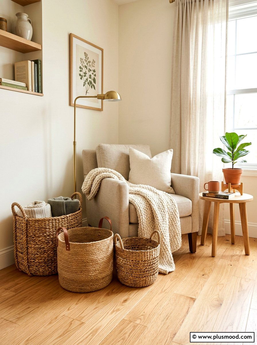 Decorative woven storage basket - 25 summer family room decor ideas
