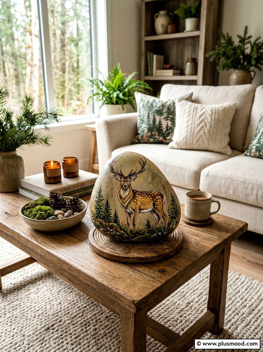 Deer rock painting - 25 painted rock ideas with woodland creatures